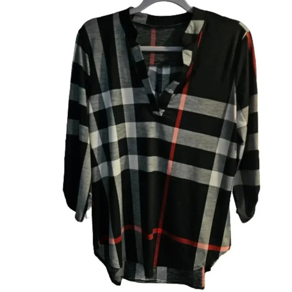 Otolemur Tops - Otolemur Women's 3/4 Sleeve Casual Plaid Shirt Top